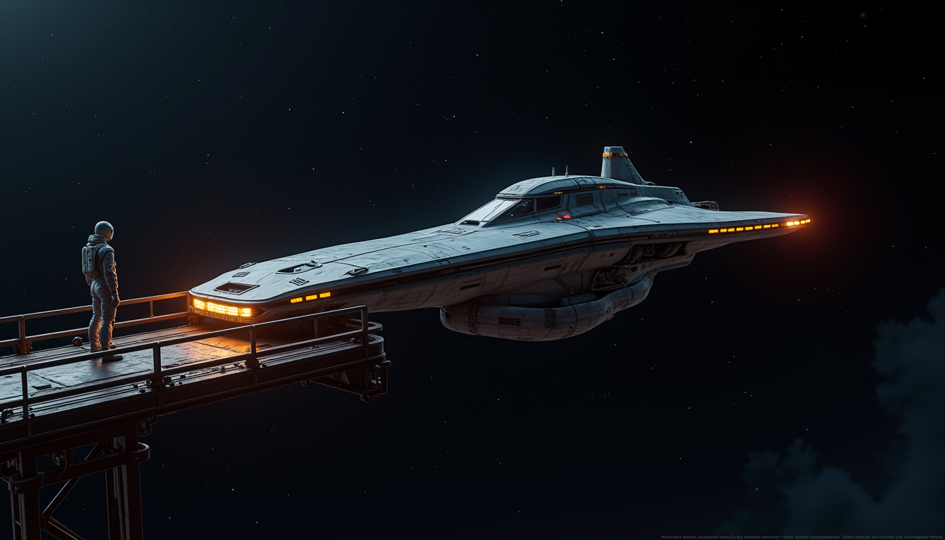 A lone starship waking in an orbital dock as a pilot watches from the gantry