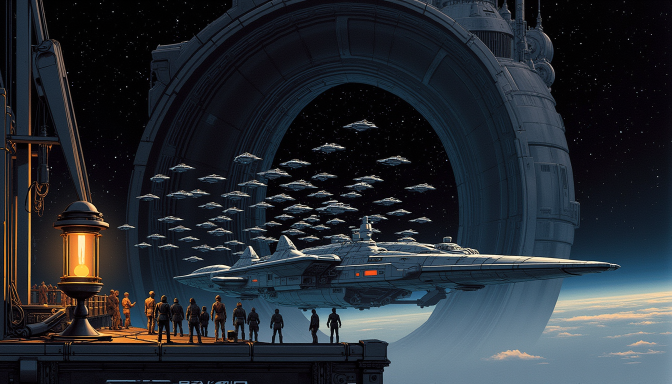 A dense formation of drone fighters holding the mouth of a warp arch against a single stopped hauler