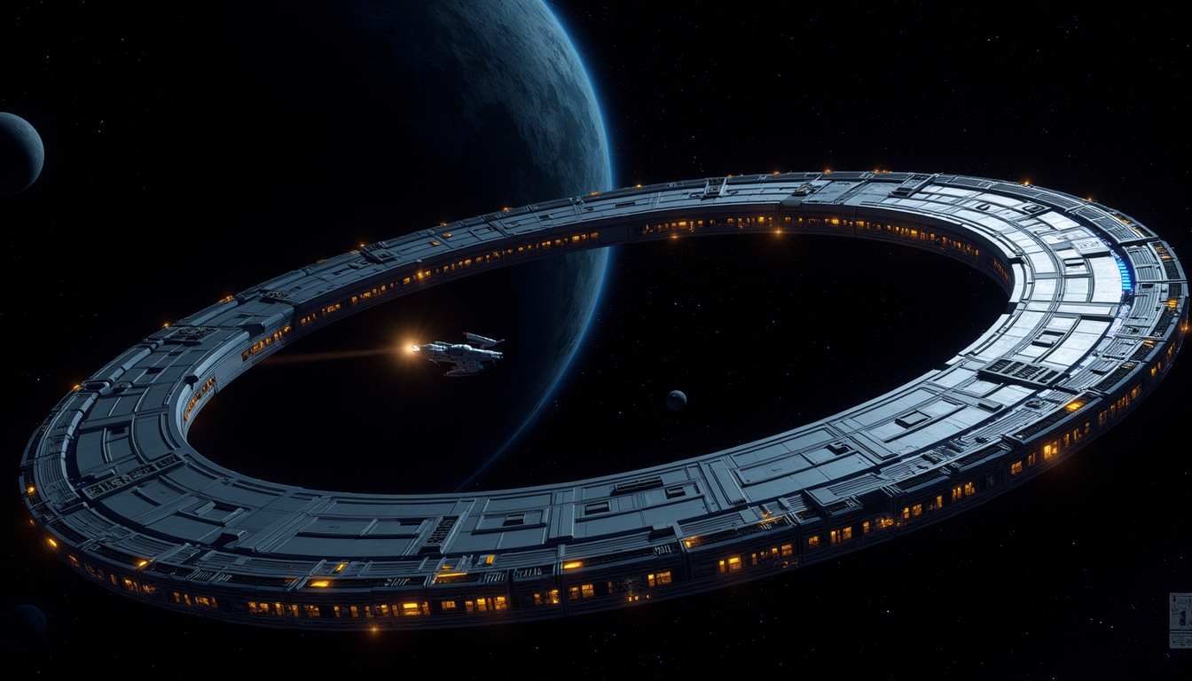 An orbital station ring re-illuminating after darkness, a single ship holding position nearby