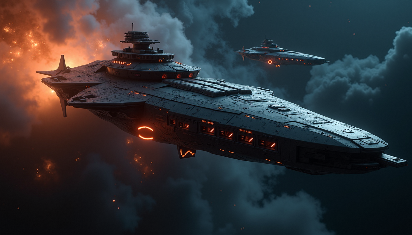 A Ferrengi assault trader nosing out of a glowing nebula as a Federal patrol watches from afar