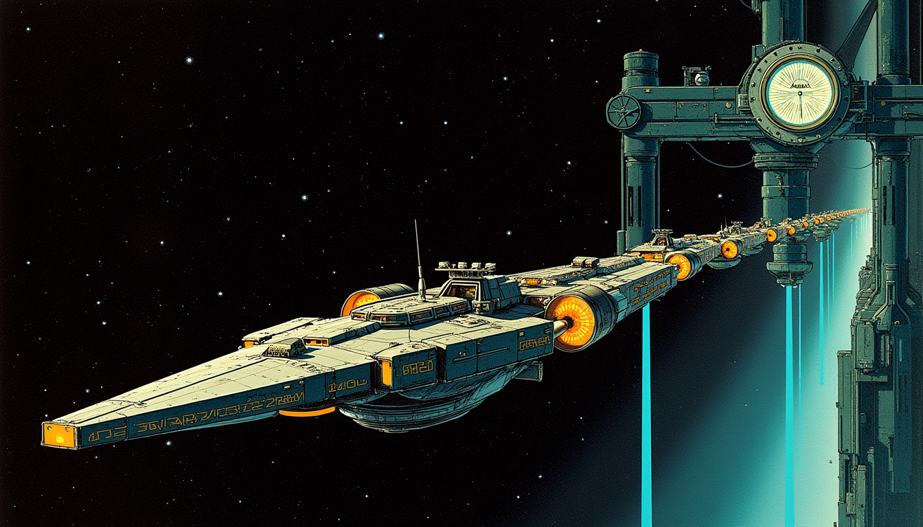 A line of merchant ships queued at an orbital refueling gantry beneath an enormous gauge dial