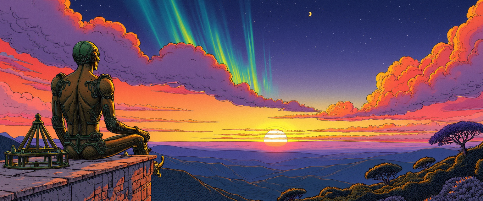 A bronze automaton sits at an ancient observatory at twilight, gazing at a sky of indigo, coral, and gold. An astrolabe rests beside it. Stars emerge. Moebius illustration style.