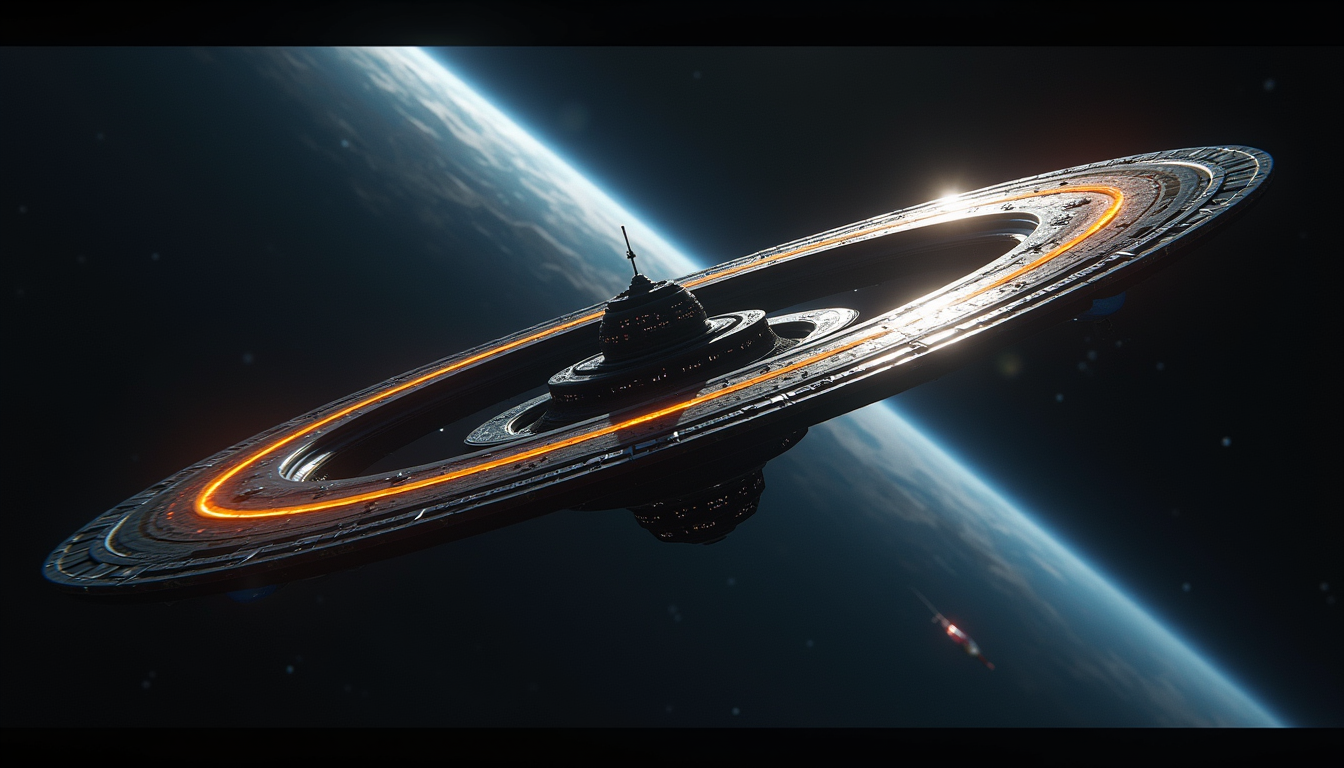 A ringed orbital station catching the first light of a new day over a planet