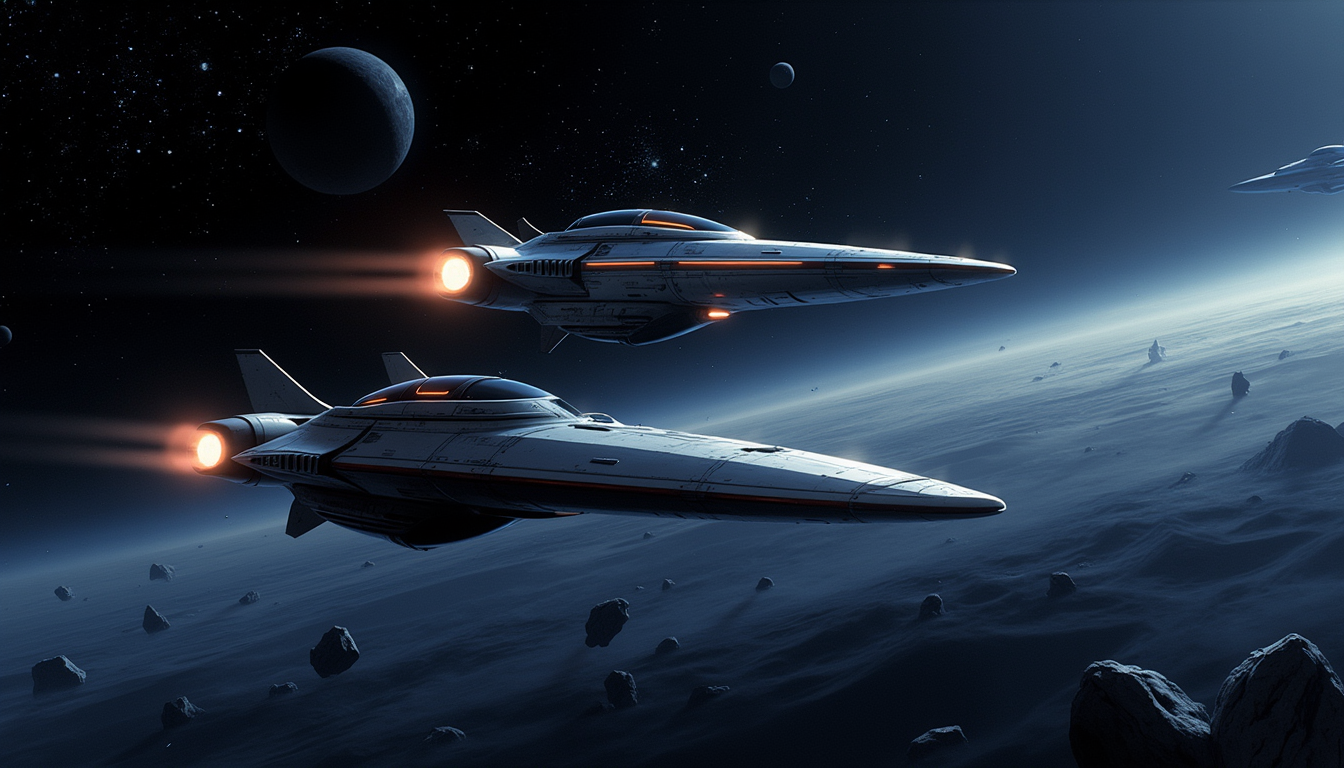 Two identical spacecraft holding perfect formation through a debris field, matched move for move
