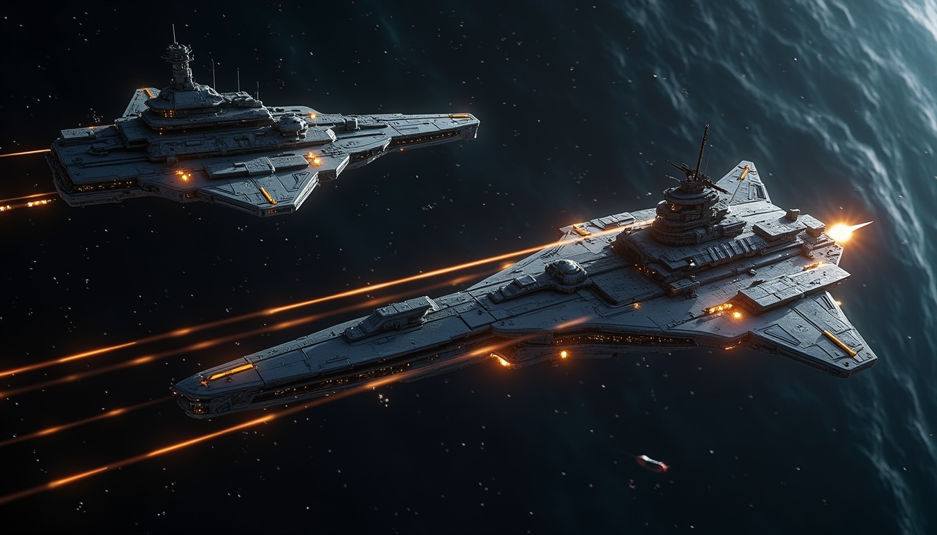Two warships trading streams of fighter-fire across a mined sector
