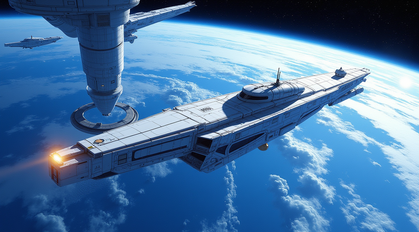An orbital spaceport over a blue oceanic planet
