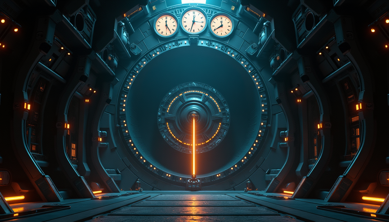 A cathedral-scale deterministic engine room, a single glowing tape-ribbon feeding from the reactor core beneath three synchronized clocks