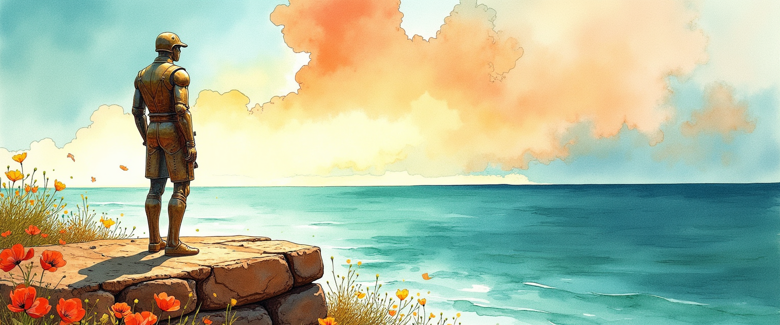 Watercolor-style bronze figure on a coastal cliff with poppies