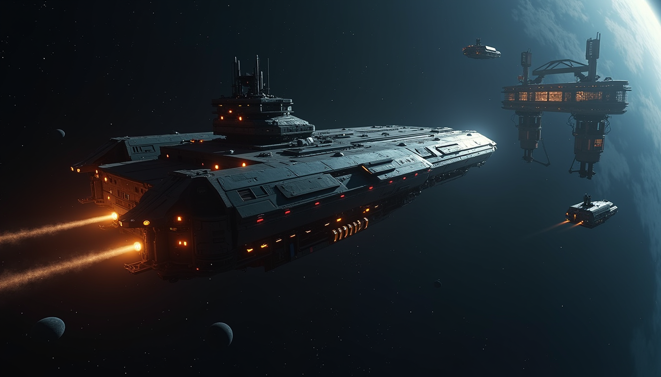 A laden cargo starship departing a busy orbital trading station toward a glowing trade-route