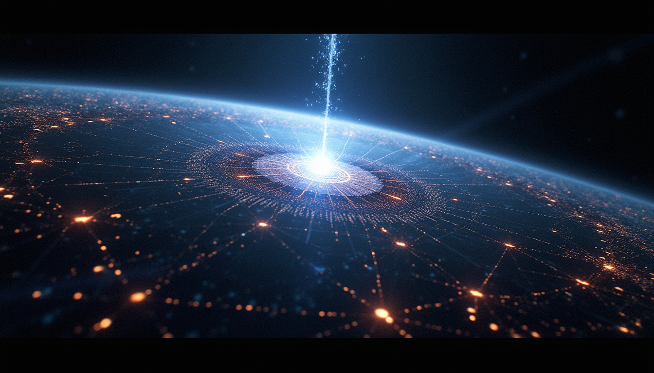 A universe of glowing sector-nodes and warp-lines materializing from a single seed of light