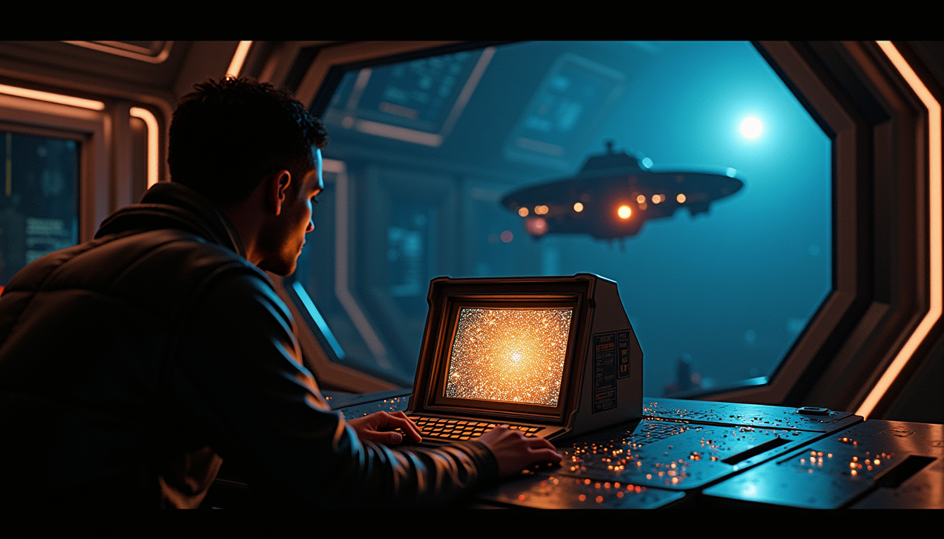 A pilot at a warm amber CRT terminal rendering an ANSI star-map, a ship through the viewport behind