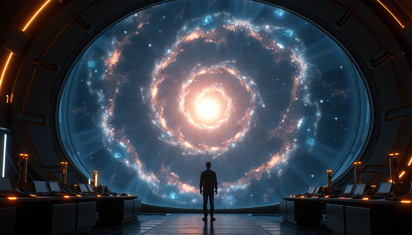 An operator beneath a spiral galaxy rendered as a slowly turning orrery of light