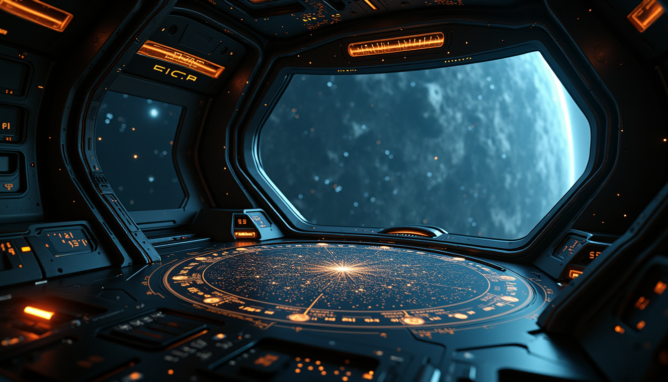 A holographic star chart assembling itself out of the dark inside a pilot's cockpit